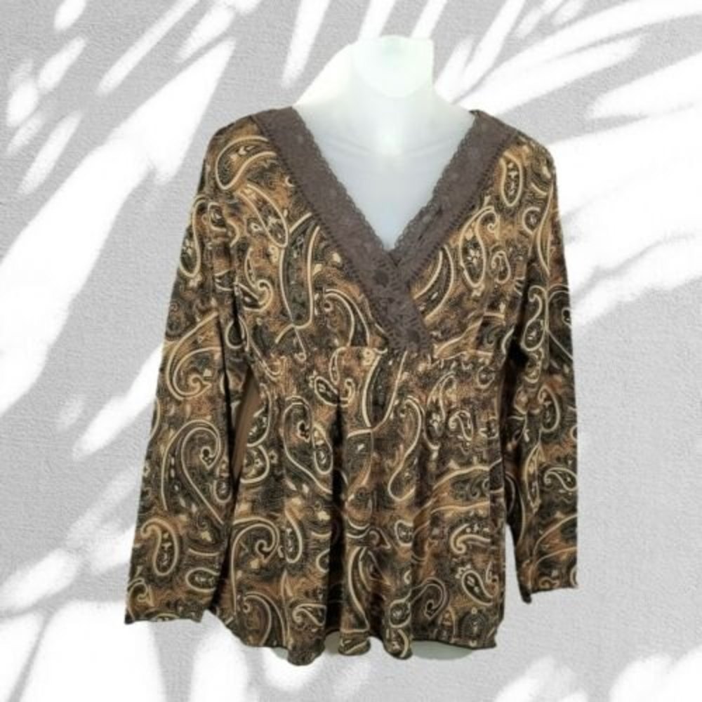 FASHION BUG Paisley V Neck Peasant Top Womens Sz M Boho Brown Long Sleeve - Picture 12 of 12